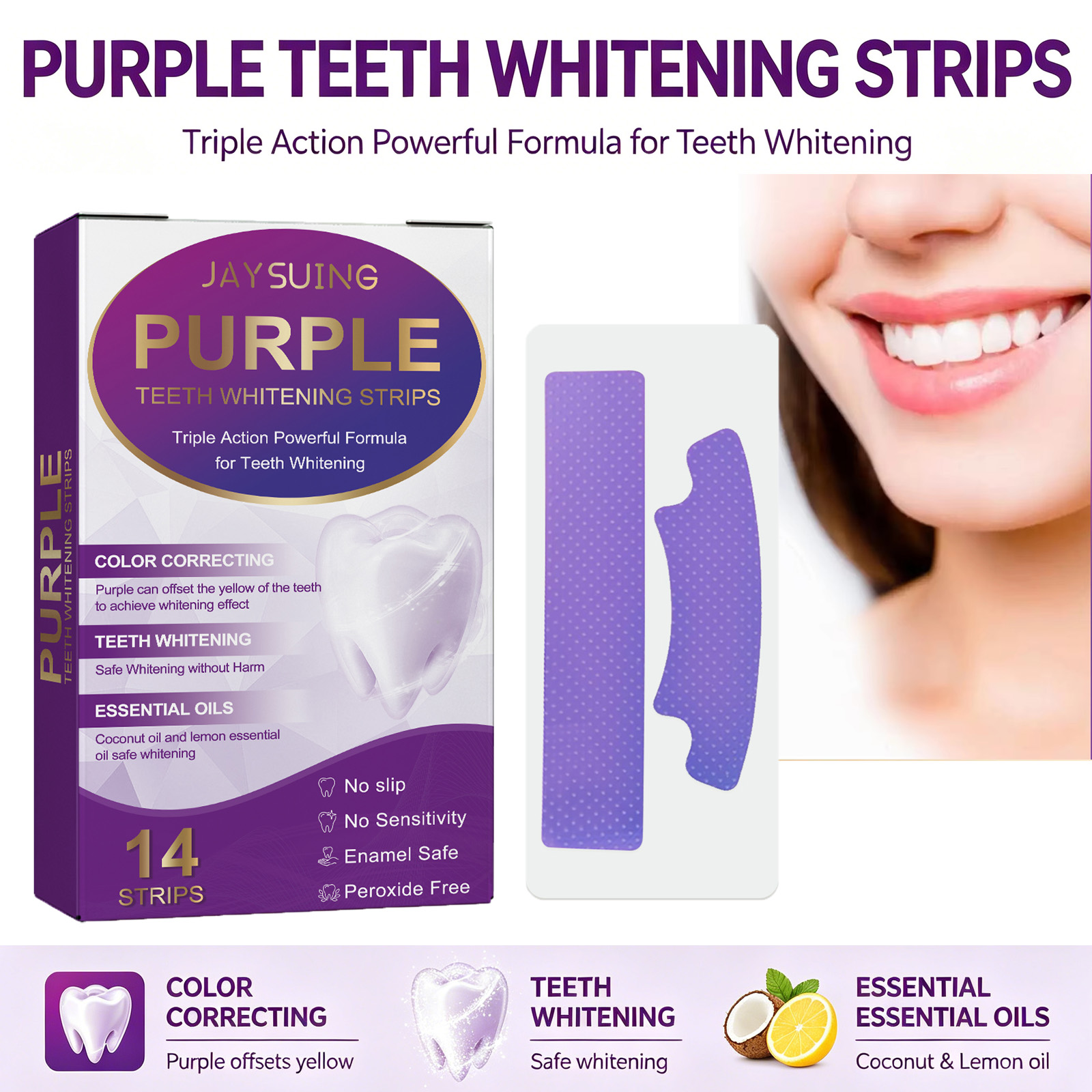 Teeth Whitening With Coconut Oil - Tiras Blanqueadoras de Dientes Moradas, Eliminan